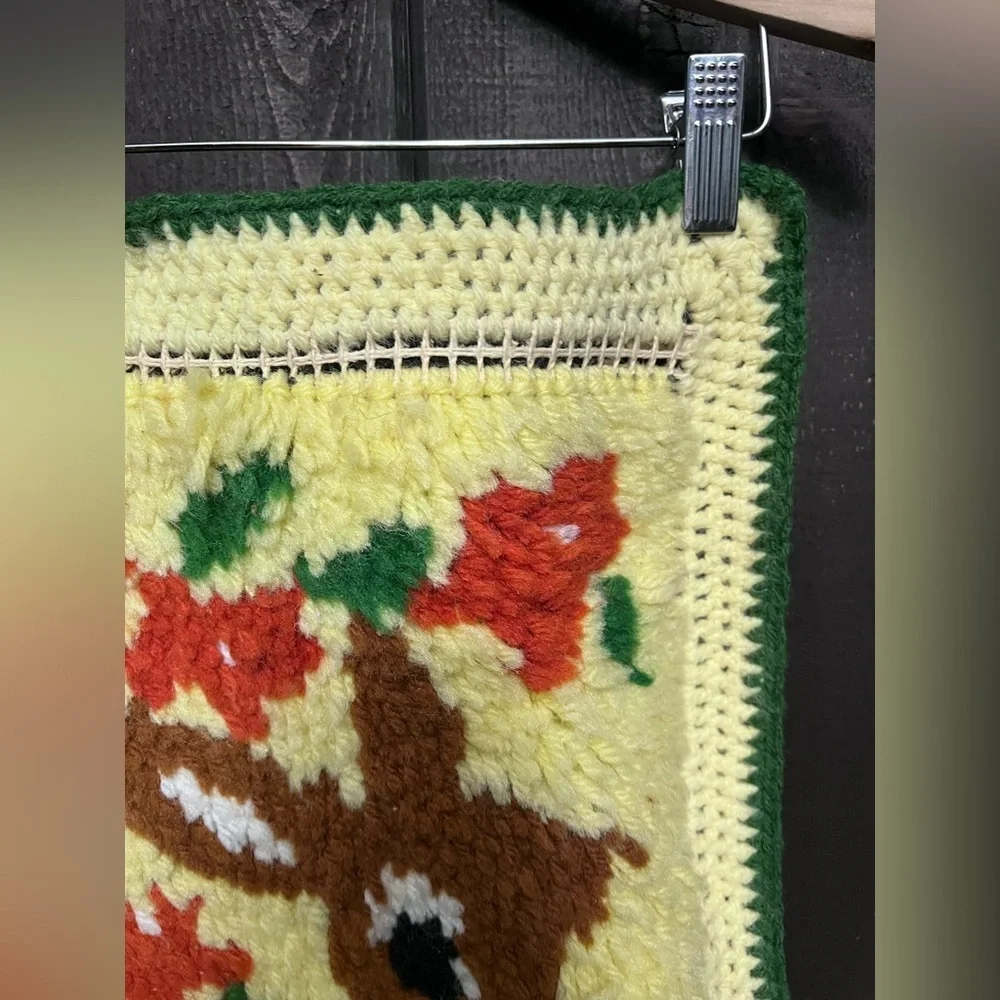 Vintage 80s Latch Hook Rug Fawn Deer Flowers with Crochet Border 27.5”x15”.